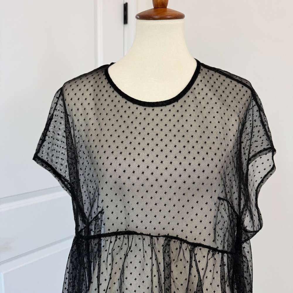 Zara Womens Black Sheer Mesh Polka Dot Top Small Short Sleeve Relaxed - Picture 2 of 9